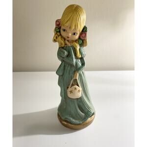 Vintage Ceramic Hand Painted Girl with Purse in Aqua Dress Figurine Signed 7"